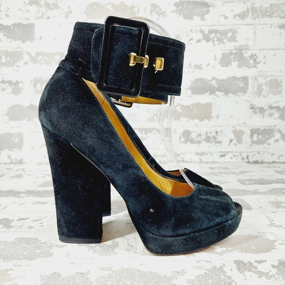 Nine West Ivorie Navy Blue Ankle Strap Buckle OpenToe Platform Chunky Heels i635 - Picture 5 of 12